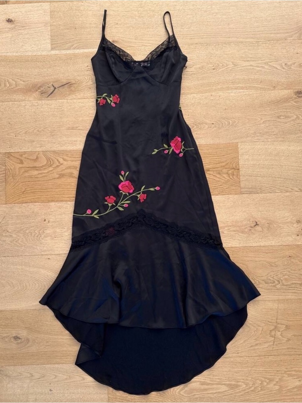 Urban Outfitters Black Slip Midi Dress with Rose Embroidery